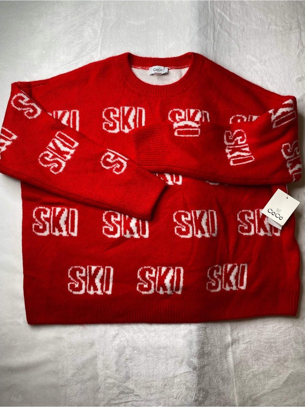 CeCe Women’s Red Crewneck Pullover Sweater with White SKI Graphic Size M